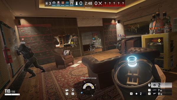 Screenshot of Tom Clancy's Rainbow Six Siege showing players in a lounge area, preparing for an intense tactical match.
