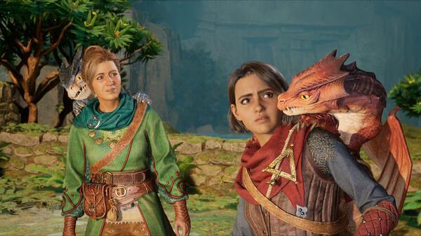 Screenshot from Split Fiction showing two characters standing in a lush forest, each with a dragon perched on their shoulder.
