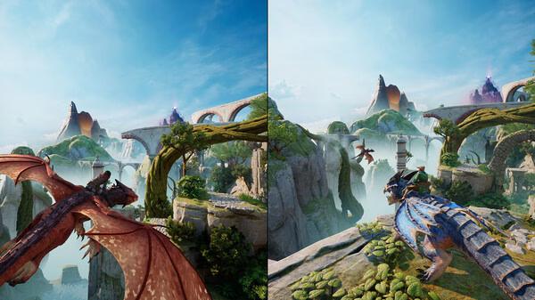 Split Fiction screenshot: Two dragons soar over a scenic landscape featuring ancient ruins, arches, and distant mountains.