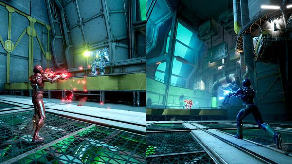 Screenshot from Split Fiction showing two players in futuristic combat, each firing weapons in a high-tech, industrial environment.
