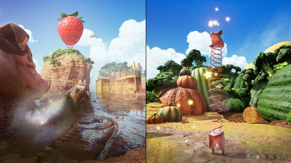 Split Fiction screenshot: A pig navigates muddy terrain on the left; on the right, it launches skyward on a spring in a vegetable-themed world.