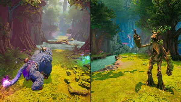 Split Fiction screenshot: A blue feline creature on the left and a tree-like figure on the right in a vibrant forest setting.
