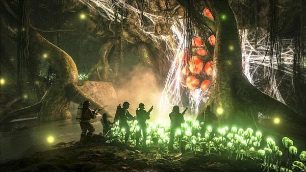 Screenshot from ARK: Survival Evolved showing five players exploring a glowing cave with luminous plants and a large spider-like creature.