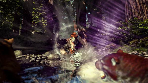 Screenshot from ARK: Survival Evolved shows a dinosaur charging through a dense forest with sunlight filtering through the trees.