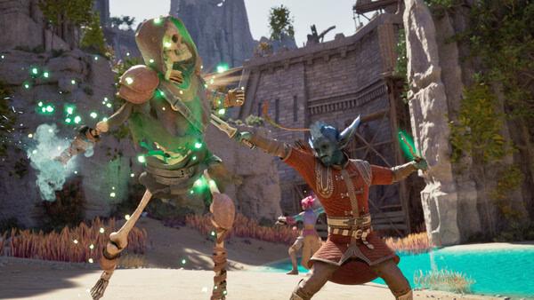A skeleton warrior battles a blue-skinned fighter by a turquoise pool in this action-packed "Avowed" screenshot.