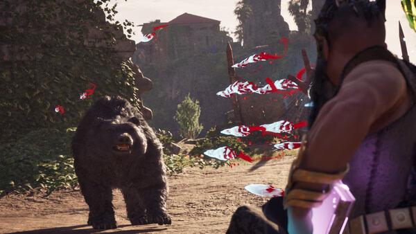 Avowed screenshot: A character faces a charging bear, holding a magical weapon. Red energy swirls in the air amidst ancient ruins.