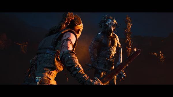 Screenshot from Hellblade II: Senua’s Saga showing a tense battle scene between Senua and a warrior under a dark, dramatic sky.