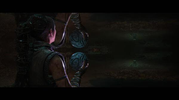 Hellblade II: Senua’s Saga screenshot showing Senua holding a carved sphere, facing a dark, eerie environment with mirrored elements.