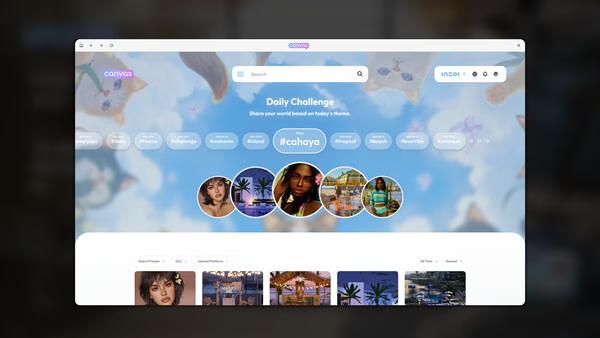 Screenshot of inZOI game interface displaying a Daily Challenge with various user photos and a cloudy sky with cat faces.