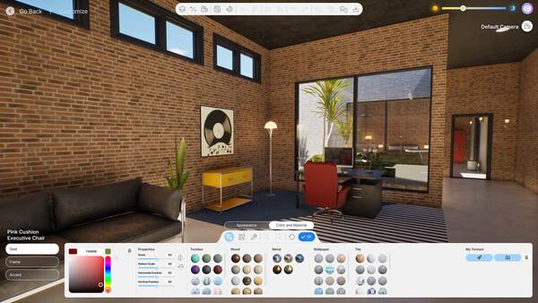 Screenshot from inZOI showing a modern office with brick walls, a red chair, and a desk. Customization options are visible below.