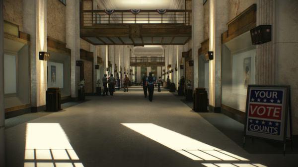 PAYDAY 2 screenshot showing a large, well-lit bank lobby with marble walls, election-themed decor, and several people visible.