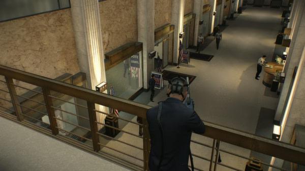 PAYDAY 2 screenshot: A masked character aims a rifle from a balcony in a bank lobby as guards patrol below.
