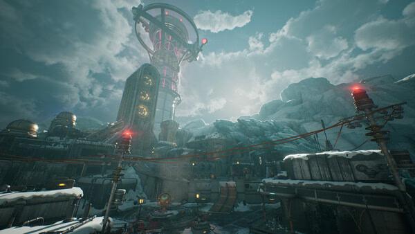 Screenshot from The Outer Worlds 2 showing a futuristic snowy landscape with a towering structure and cloudy sky.