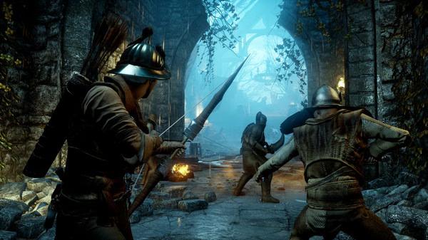 Dragon Age Inquisition screenshot: armed soldiers in medieval armor engage in combat inside a stone archway under blue light.