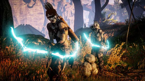 Screenshot from Dragon Age Inquisition showing two archers with glowing bows in a forest setting, surrounded by dense foliage.