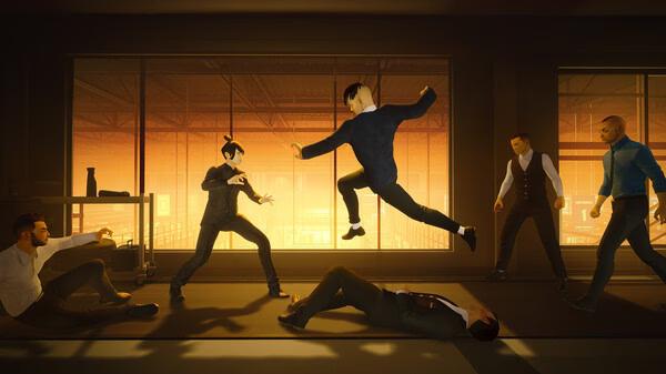 Sifu screenshot: A martial artist leaps to kick an opponent in a room with orange lighting, surrounded by other fighters.