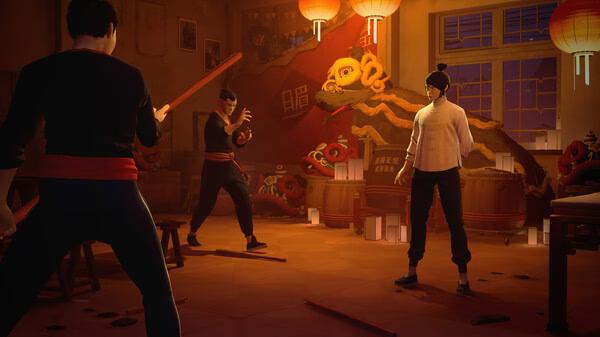 Sifu screenshot: Three characters in a dimly lit room, two holding sticks, surrounded by red dragon decorations and lanterns.