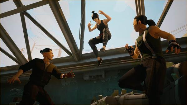 A Sifu screenshot showing the protagonist mid-air, engaging in combat with two enemies inside a building with a broken skylight.