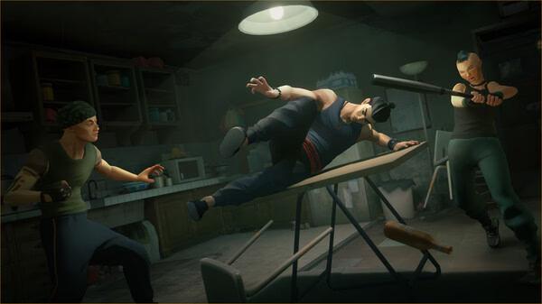 Screenshot from Sifu showing a dynamic fight scene with a character dodging attackers in a dimly lit room.