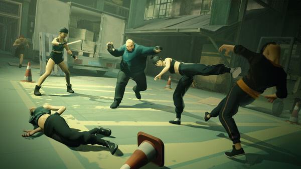 Sifu screenshot: A martial artist in action, surrounded by multiple opponents in an urban setting with fallen traffic cones.