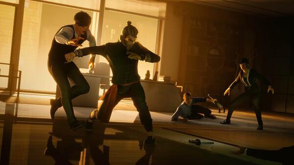 Sifu screenshot: A martial artist battles two opponents in an office, while another person is on the floor in the background.