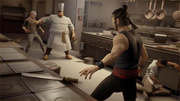 Sifu screenshot: A martial artist confronts a chef in a tense kitchen standoff, while another person crouches nearby.
