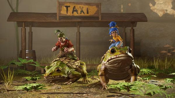 Two characters ride frogs near a wooden taxi stand in a lush area in this 'It Takes Two' game screenshot.