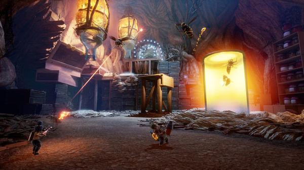 Screenshot from It Takes Two showing two characters battling bees in a cave with glowing lanterns and a large yellow light.