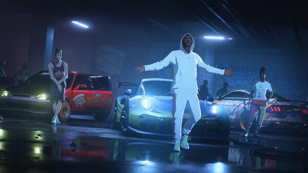 Screenshot from Need for Speed Unbound showing four characters standing near parked cars in a dimly lit garage.