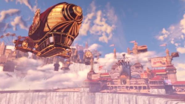 Screenshot from BioShock Infinite showing a large airship flying over the floating city of Columbia amidst a bright sky.