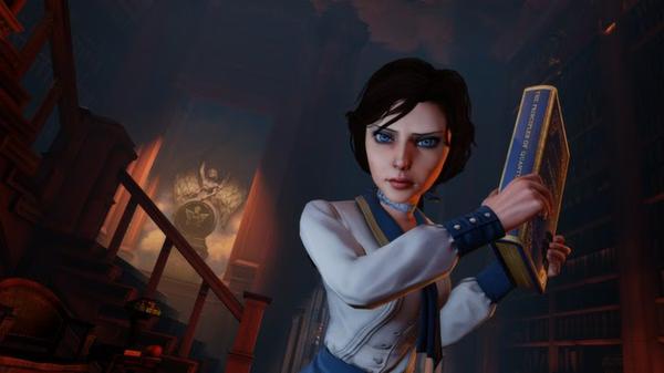 A screenshot from BioShock Infinite showing a character holding a book in a dimly lit library with ornate wooden shelves.