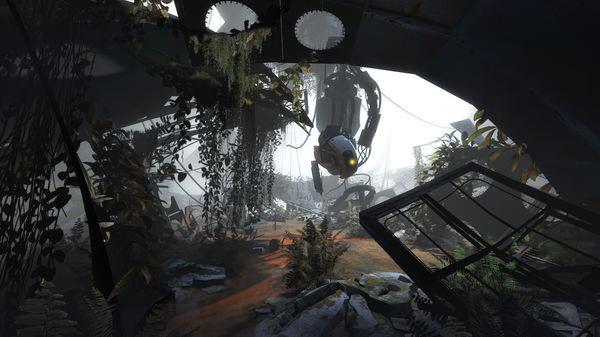 Portal 2 screenshot: A robot stands in a dilapidated, overgrown room with scattered debris and lush vegetation.