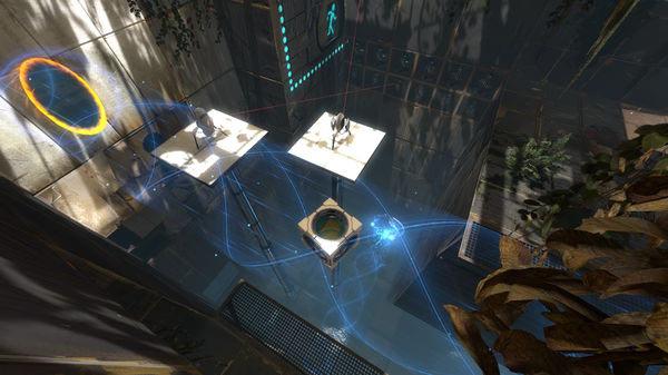 Portal 2 screenshot: A test chamber showing portals, a tractor beam, cubes, and platforms in a puzzle-solving environment.