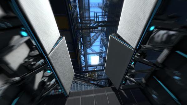 Screenshot from Portal 2 showing a complex industrial chamber with metal structures and bright blue sky visible above.