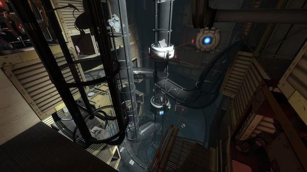 Portal 2 screenshot: A complex test chamber filled with platforms, machinery, and a glowing portal in a futuristic setting.