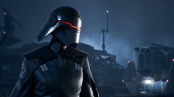 A STAR WARS Jedi: Fallen Order screenshot featuring an Inquisitor in dark armor, with ships and a misty landscape in the background.