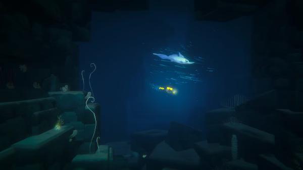 Screenshot from DAVE THE DIVER showing an underwater scene with a glowing diver and a shark swimming in the deep blue ocean.