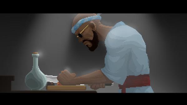 DAVE THE DIVER screenshot: A character wearing a headband and sunglasses skillfully slices food on a board, with a bottle on the side.