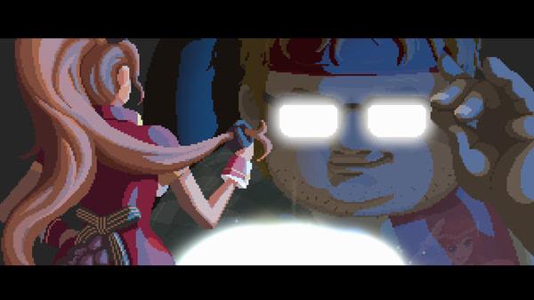 Screenshot from DAVE THE DIVER shows a character with glowing glasses facing a person with long hair, in a dimly lit scene.