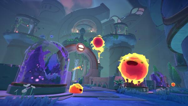 Slime Rancher 2 screenshot: Vibrant slimes float near a futuristic structure, surrounded by blue foliage and glowing details.
