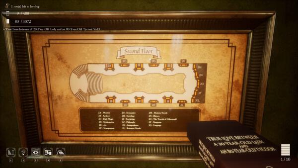 Screenshot from 'Librarian: Tidy Up the Arcane Library!' showing a second-floor map and a book titled "The Love between a 23-Year-Old Lady...".