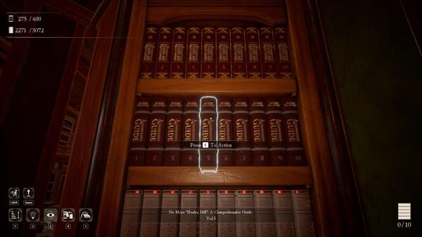 Screenshot from 'Librarian: Tidy Up the Arcane Library!' showing a shelf filled with neatly arranged red books numbered 1 to 10.
