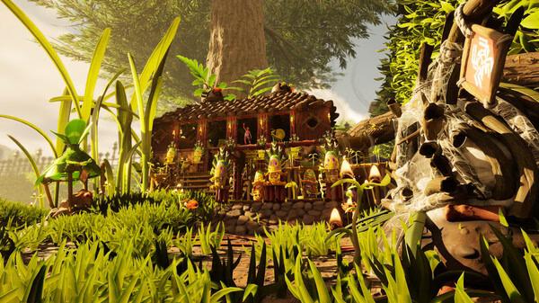Screenshot from Grounded 2 showing a vibrant miniature world with a detailed hut surrounded by plants, insects, and mushrooms.