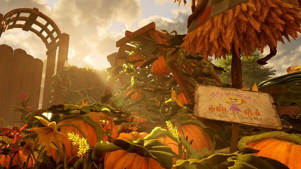 Screenshot from Grounded 2 showing a pumpkin patch with a sign reading "Ms. Mancur's Grade 3 Pumpkin Pie" in warm sunlight.