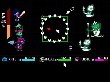 DELTARUNE screenshot: Kris, Ralsei, and Susie face enemies in a turn-based battle with a heart dodging attacks in the center.