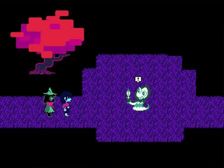 DELTARUNE screenshot: Two characters approach a glowing figure holding a flame, set against a purple patterned ground and red tree.
