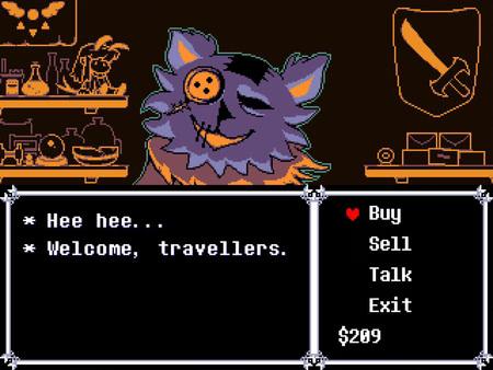 DELTARUNE screenshot: A purple shopkeeper with a button eye greets players in a shop menu with options to buy, sell, talk, or exit.