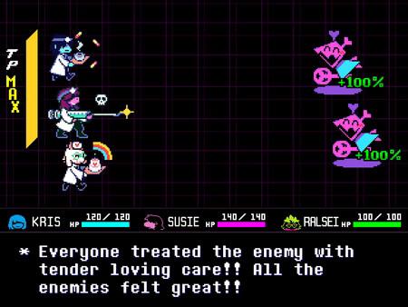 DELTARUNE screenshot: Kris, Susie, and Ralsei heal enemies with care in a turn-based battle, showing bright visuals and HP changes.