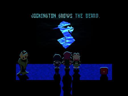 DELTARUNE screenshot: Three characters face a large, glowing letter "S" with text above reading "Jockington grows the beard."