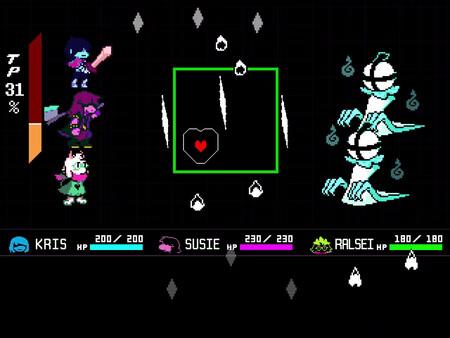 DELTARUNE screenshot: Kris, Susie, and Ralsei face off against several floating enemies on a dark battle screen.